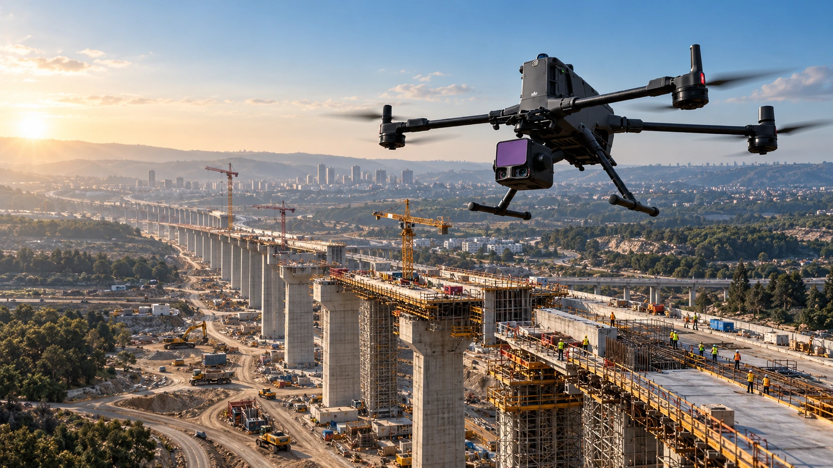 Illustrative industrial drone and LiDAR survey at a bridge construction project